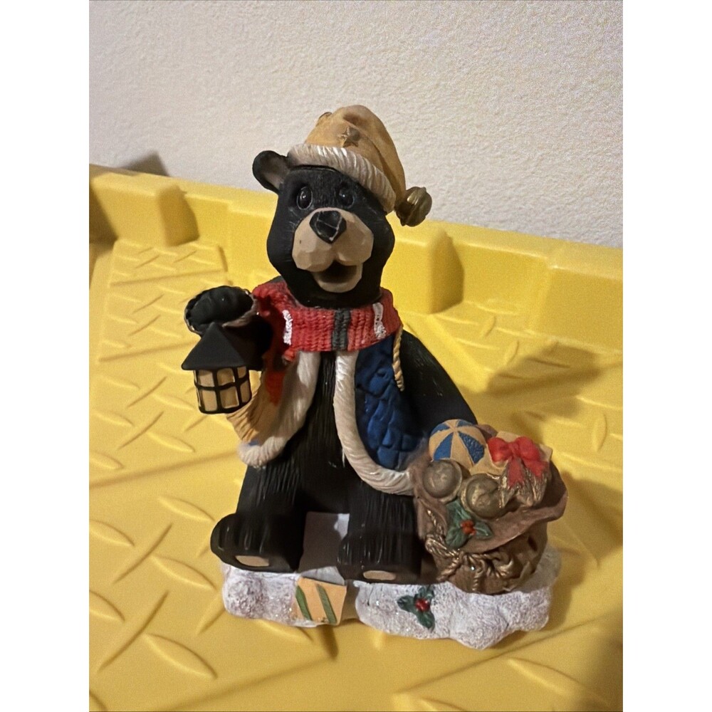 Vintage Black Bear in Santa Hat Resin/Hard Plastic Collectible Figurine Adorable